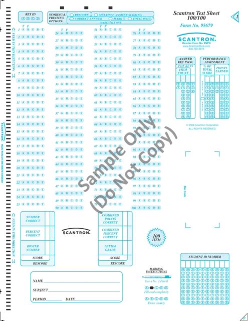 SCANTRON DM TEST SHEET 100/100